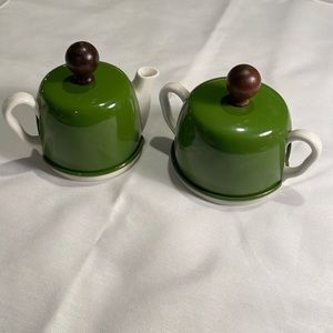 MCM, ceramic sugar and creamer with green metal cozies from Post WWII. Japan.